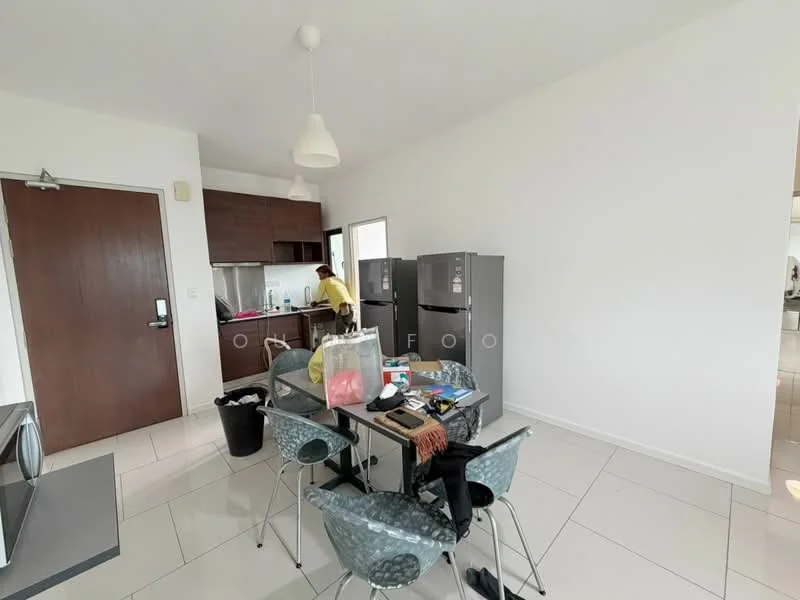 Kitchen features: white painted walls, tile flooring, dark wood cabinetry, stainless-steel fridge, stainless-steel fridge, stainless-steel fridge, kitchen island, pendant light, dining table with chairs, sink, countertop, open layout; style: modern.