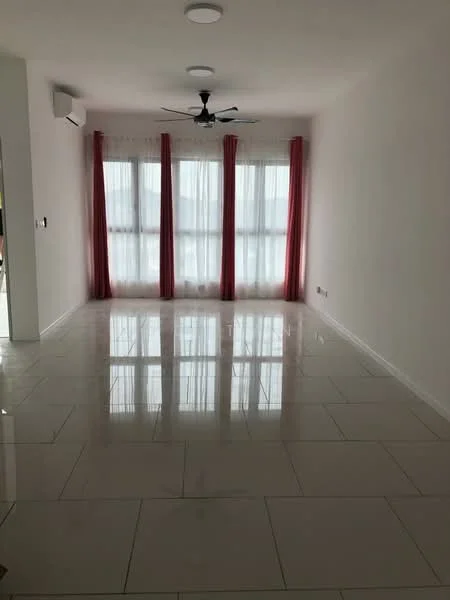 Living features: white painted walls, glossy ceramic tile flooring, 5-blade ceiling fan with light, floor-to-ceiling windows, sheer curtains in white, curtains in pink, air conditioning unit on wall, recessed ceiling lights; style: modern.