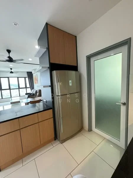 Kitchen features: stainless-steel fridge, black countertop, wood cabinetry, white tiled flooring, sliding glass door, ceiling fan, open layout to living area, window with city view; style: modern; view: city.