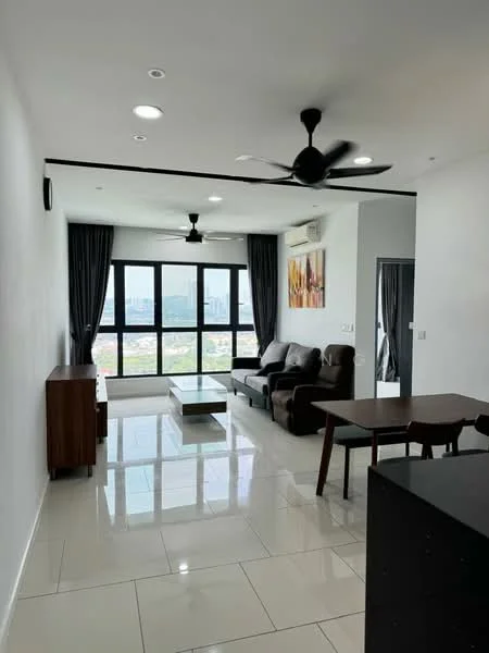 Living features: white painted walls, glossy ceramic tile flooring, 5-blade ceiling fan with light, recessed downlights, floor-to-ceiling windows, blackout curtains, dark wood TV console, light-colored coffee table, brown fabric sofa, wooden dining table, 4 dining chairs, air conditioning unit; style: modern; view: city.