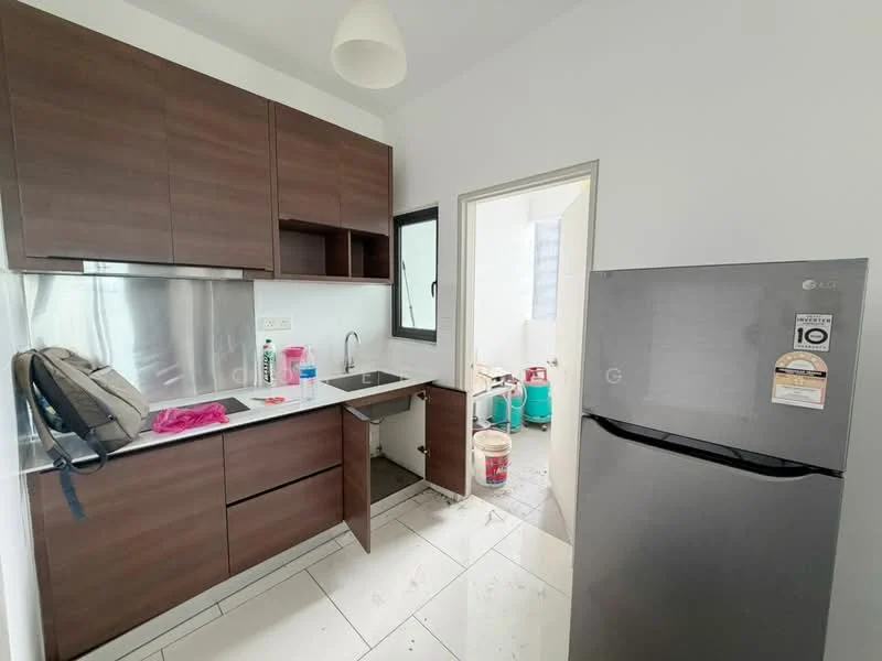 Kitchen features: brown cabinetry, stainless-steel sink, chrome pull-down faucet, white countertop, built-in oven, refrigerator, tile flooring, window with black frame, back wall with white tiles, cleaning supplies on countertop, backpack on countertop; style: modern.