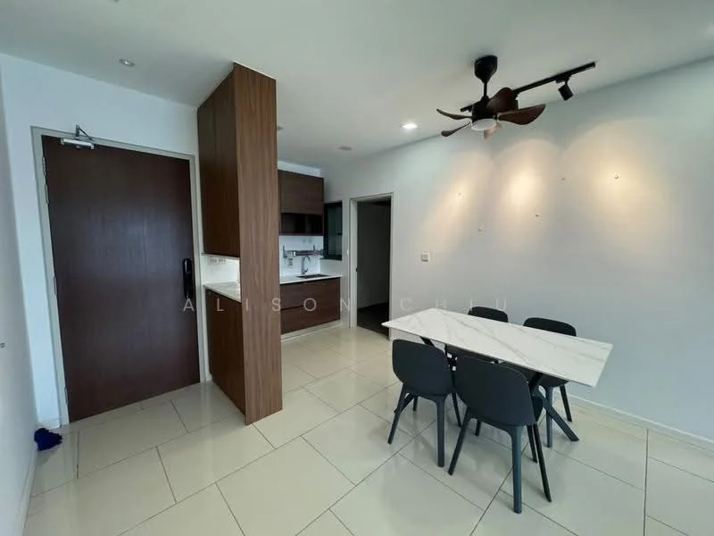 Dining features: marble dining table, 4 black dining chairs, white painted walls, tile flooring, ceiling fan with light, wall-mounted cabinetry, kitchen area visible in background, door leading to hallway, recessed lighting; style: modern.