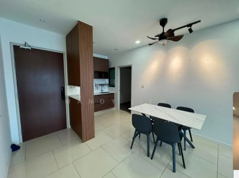Dining features: white dining table, 4 black dining chairs, wall-mounted ceiling fan with light, light-colored tiled flooring, wooden cabinetry, kitchen area visible in background, neutral painted walls, doorway leading to hallway; style: modern. Kitchen features: brown wooden cabinets, countertop with sink, built-in appliances visible, neutral color scheme; style: modern.