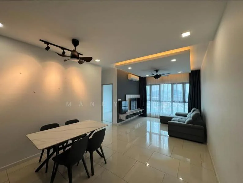 Living features: 3-seater fabric sofa in grey, coffee table, TV console, wall-mounted TV, area rug, 5-blade ceiling fan with light, recessed downlights, floor-to-ceiling windows, curtains, marble tile flooring, white painted walls, accent wall in dark grey; style: modern; view: city. Dining features: 6-seater dining table with marble top, black dining chairs, recessed downlights, white painted walls, marble tile flooring; style: modern.