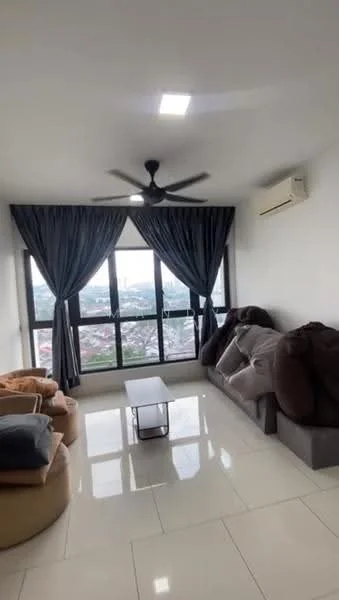 Living features: floor-to-ceiling windows, grey curtains, 5-blade ceiling fan with light, white painted walls, polished tile flooring, 2 large bean bag chairs, grey fabric sofa, coffee table; style: modern; view: city.