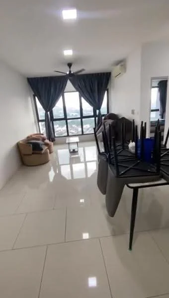 Living features: large floor-to-ceiling windows, grey curtains, 5-blade ceiling fan, white painted walls, glossy tile flooring, beige armchair, glass coffee table, black dining table with chairs stacked on top; style: modern; view: city.