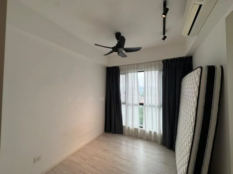 Room features: white painted walls, light wood flooring, 5-blade ceiling fan, floor-to-ceiling windows, blackout curtains, sheer curtains, mattress leaning against wall, mountain view; style: modern; view: mountain.