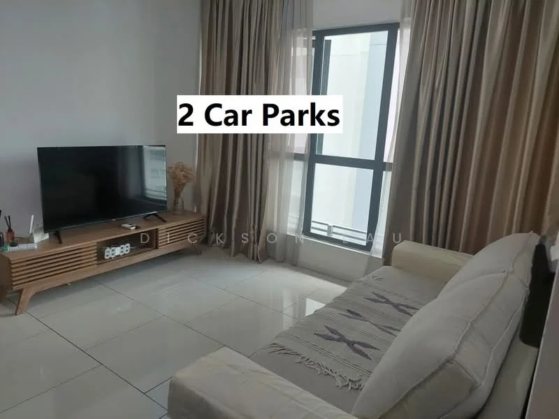 Living features: white painted walls, glossy tile flooring, floor-to-ceiling windows, sheer curtains, 3-seater fabric sofa in beige, wooden TV console, wall-mounted TV, decorative plant, area rug with geometric pattern; style: modern.