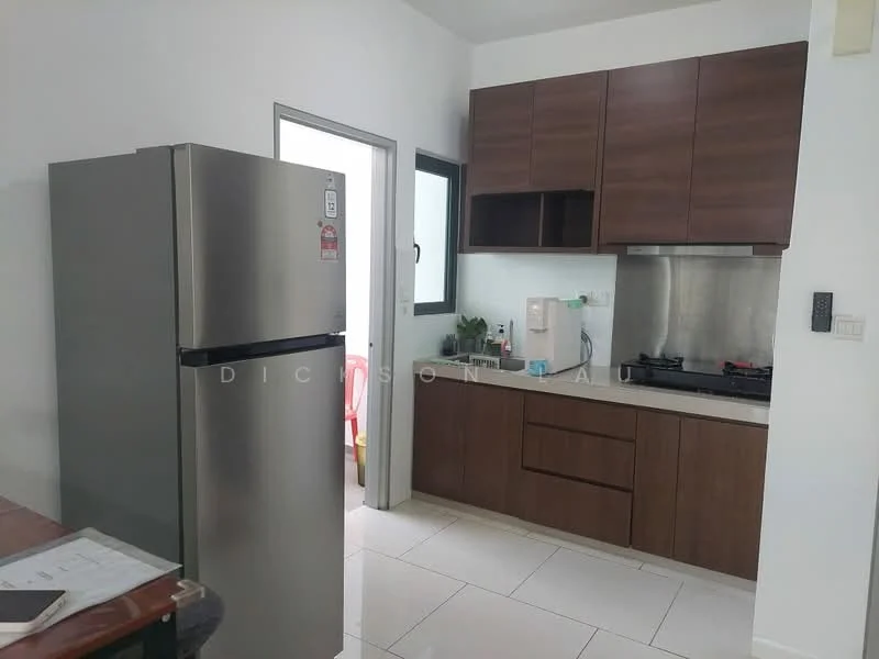 Kitchen features: stainless-steel fridge, built-in oven, 4-burner gas hob, stainless-steel range hood, brown cabinetry, white countertop, white tiled backsplash, single-bowl stainless-steel sink, window above sink, tile flooring; style: modern.
