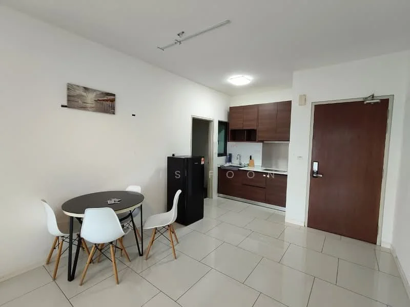 Living features: white painted walls, tile flooring, ceiling light fixture, round dining table, 4 white dining chairs, black refrigerator, wood cabinetry, kitchen countertop, open layout, door to hallway; style: modern.