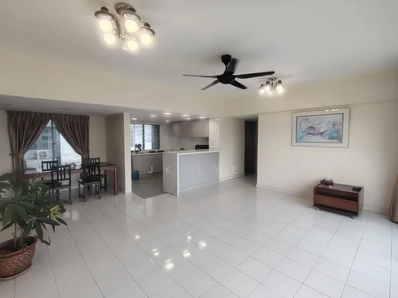 Living features: white painted walls, glossy white tile flooring, 5-blade ceiling fan with light, recessed downlights, large windows with sheer curtains, open layout to kitchen, area rug, decorative wall art, potted plant, wooden console table; style: modern. Dining features: dining table with four chairs, white walls, glossy white tile flooring, near kitchen area; style: modern. Kitchen features: white cabinetry, kitchen island, stainless-steel appliances, granite countertop, built-in oven, stove, sink, recessed lighting; style: modern.