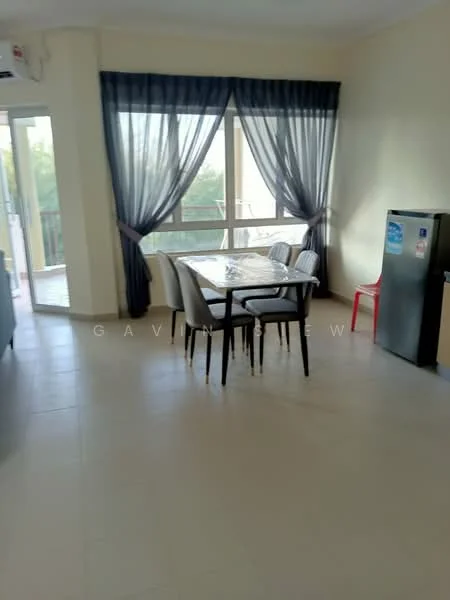 Dining features: dining table with 4 chairs, floor-to-ceiling windows, sheer curtains, grey tiled flooring, refrigerator, light-colored walls, balcony access, decorative table setting; style: modern; view: garden. Kitchen features: kitchen cabinetry, stainless-steel refrigerator, open layout, counter space, sink area; style: modern.