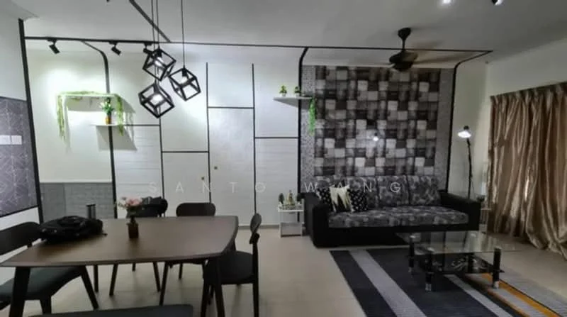 Living features: grey accent wall, black and white patterned wall, sofa with black upholstery, coffee table, area rug with striped pattern, 5-blade ceiling fan, wall-mounted lamp, decorative plants on shelves, recessed lighting, curtains in beige, dining table with black chairs; style: modern.