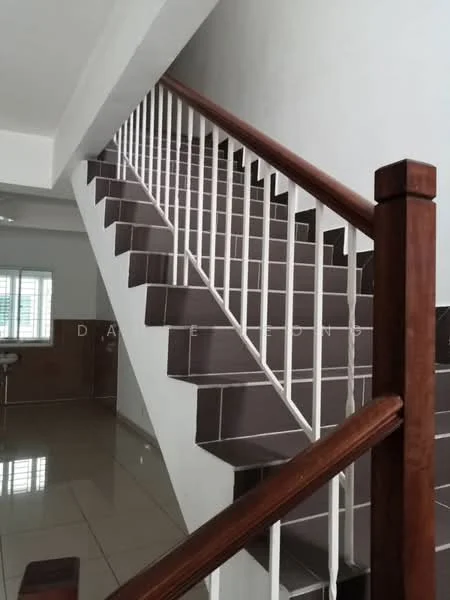 Room features: staircase with wooden handrail, white balustrade, grey tiled steps, cream painted walls, glossy floor tiles, window with horizontal slats, open space at the bottom of the stairs; style: modern.