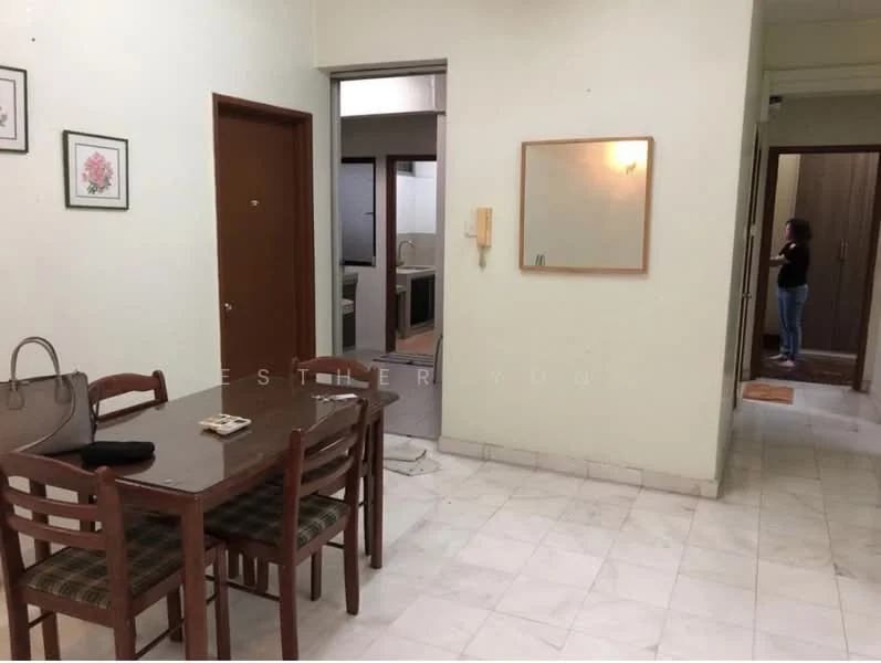 Dining features: wooden dining table, 4 wooden chairs, white walls, marble flooring, framed floral artwork, mirror on wall, telephone on wall; style: minimalist. Room features: white walls, marble flooring, doorway leading to bathroom, doorway leading to hallway.