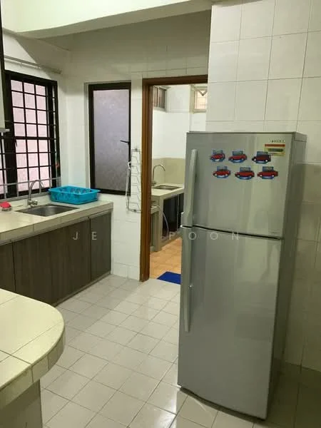 Kitchen features: white tiled walls, light grey cabinetry, white countertop, stainless-steel fridge, single-bowl stainless-steel sink, chrome pull-down faucet, window with black grille, tile flooring, kitchen island with seating, blue plastic dish rack; style: modern.