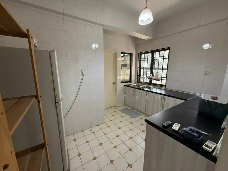 Kitchen features: white tiled walls, black countertop, stainless-steel fridge, single-bowl stainless-steel sink, chrome pull-down faucet, wooden cabinetry, floor tiles with geometric pattern, window with security bars, light pendant, open shelving, door to hallway; style: modern.