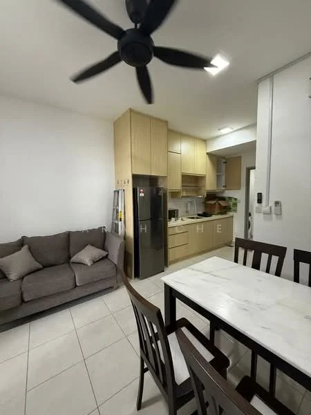 Kitchen features: light wood cabinetry, white countertop, stainless-steel fridge, built-in oven, 4-burner gas hob, single-bowl stainless-steel sink, chrome pull-down faucet, ceramic tile flooring, recessed downlights; style: modern. Dining features: 6-seater dining table with marble top, wooden dining chairs, pendant light, ceramic tile flooring; style: modern. Living features: 3-seater fabric sofa in grey, decorative cushions, ceiling fan, ceramic tile flooring; style: modern.