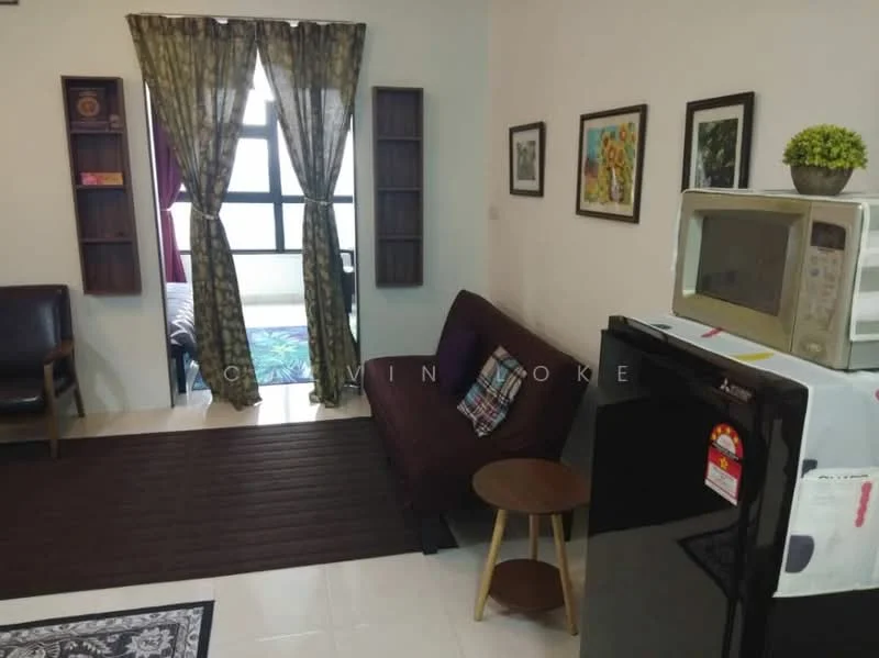 Living features: brown fabric sofa, coffee table, area rug with geometric pattern, wall-mounted shelves, framed artwork on walls, curtains with floral pattern, floor-to-ceiling window, microwave, black fridge, decorative plant on table; style: modern.
