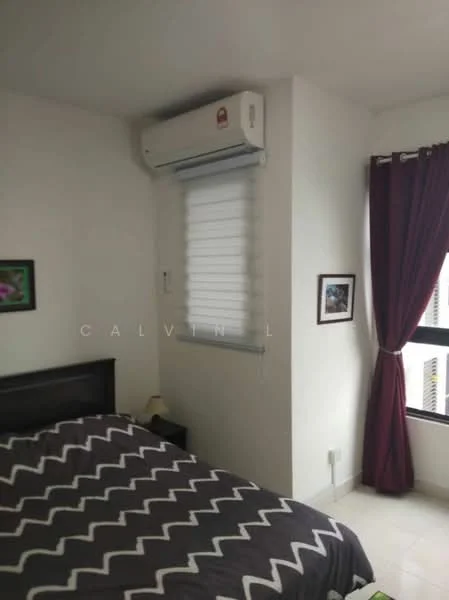 Bedroom features: queen-size bed with patterned bedding, dark wood headboard, 2 bedside lamps, 1 wall-mounted air conditioning unit, floor-to-ceiling window with sheer blinds, curtains in dark red, white painted walls, tile flooring, framed artwork on wall; style: modern; view: city.