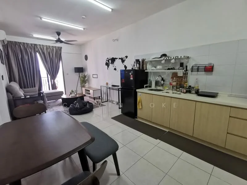 Kitchen features: white tiled walls, light wood cabinetry, black refrigerator, stainless-steel sink, chrome pull-down faucet, ceramic tile flooring, kitchen countertop, open shelving, built-in microwave, kitchen utensils visible, wall-mounted spice rack; style: modern. Living features: 3-seater fabric sofa in grey, coffee table, TV console, wall-mounted TV, area rug, curtains, decorative wall art, ceiling fan; style: modern. Dining features: 4-seater dining table, upholstered dining chairs; style: modern.