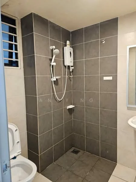 Bathroom features: grey tiled walls, white tiled flooring, walk-in shower with glass partition, shower head with adjustable height, wall-mounted water heater, toilet, framed mirror, sink with faucet; style: modern.