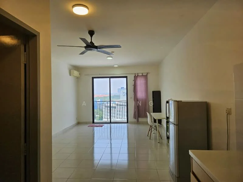 Living features: white painted walls, glossy tile flooring, 5-blade ceiling fan with light, sliding glass door, floor-to-ceiling windows, air conditioning unit, table, fridge; style: modern; view: city.