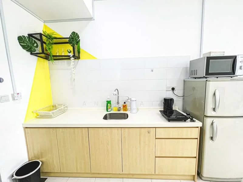 Kitchen features: single-bowl stainless-steel sink, chrome pull-down faucet, light wood cabinetry, white countertop, built-in microwave, stainless-steel fridge, electric stove, wall-mounted shelf with plants, white tiled backsplash, yellow accent wall, black countertop appliance, waste bin; style: modern.