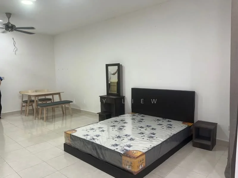 Bedroom features: queen-size bed, mattress with floral pattern, black bedside table, wooden dining table with four chairs, white painted walls, ceiling fan, tile flooring, mirror on dresser; style: minimalist.