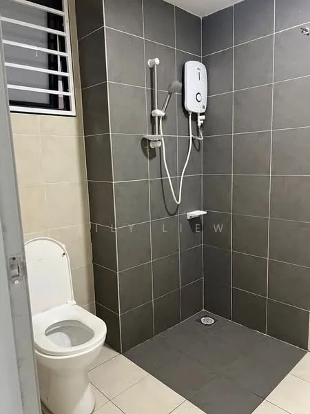 Bathroom features: grey tiled walls, light beige tiled walls, shower area with wall-mounted showerhead, toilet, floor drain, sliding window, non-slip floor tiles; style: modern.