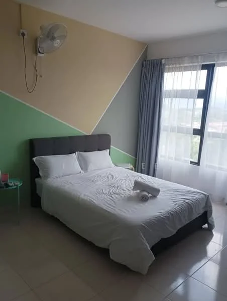 Bedroom features: queen-size bed with white bedding, upholstered headboard, 2 bedside tables, wall-mounted ceiling fan, floor-to-ceiling windows, sheer curtains, green and beige accent walls, tile flooring; style: modern; view: city.