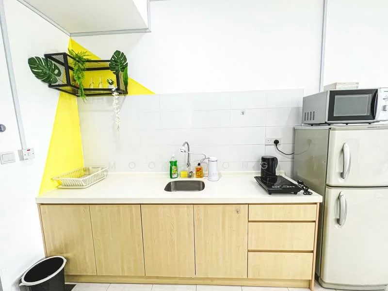 Kitchen features: single-bowl stainless-steel sink, chrome pull-down faucet, light wood cabinetry, white countertop, microwave, stainless-steel fridge, black electric stove, white tiled backsplash, open shelving with decorative plants, waste bin; style: modern.