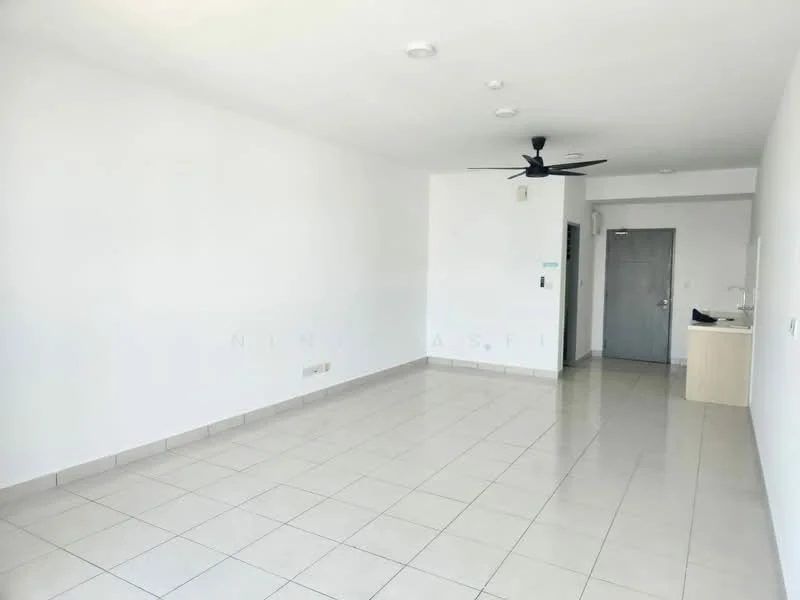 Living features: white painted walls, tile flooring, 5-blade ceiling fan, recessed downlights, large windows, open layout, neutral color scheme, corner for kitchenette; style: modern.