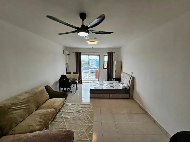 Living features: 3-seater fabric sofa in beige, single bed with mattress, floor-to-ceiling windows, sliding glass door, white painted walls, tile flooring, ceiling fan, air conditioning unit, curtains, decorative light fixture, area rug; style: modern; view: city.