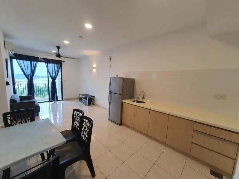 Living features: floor-to-ceiling windows, sliding glass door, blackout curtains, 5-blade ceiling fan, sofa, coffee table, TV console, wall-mounted TV, dining table, 4 black dining chairs, white tiled flooring, white painted walls, kitchen countertop with sink, stainless-steel fridge; style: modern; view: city.