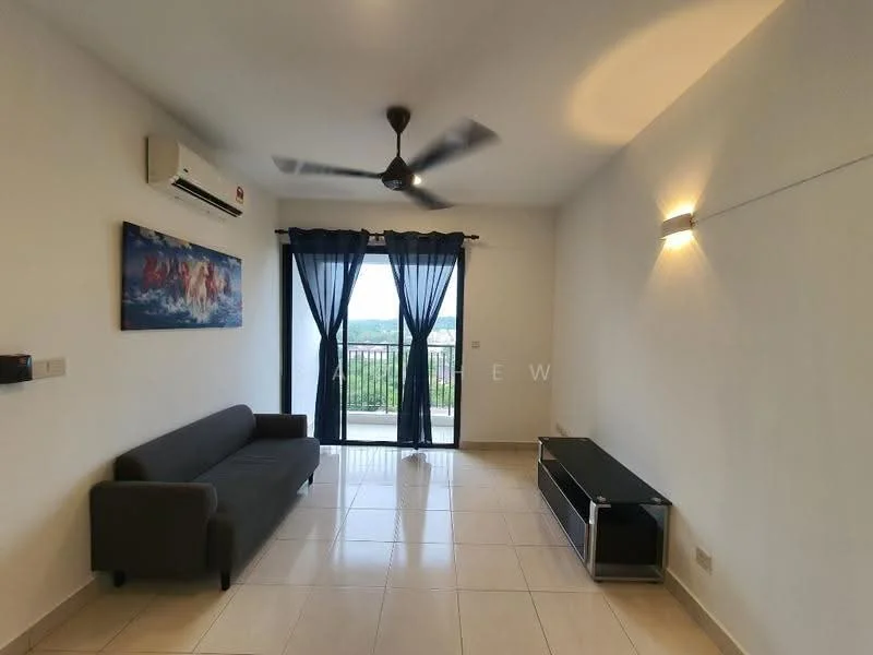 Living features: 3-seater fabric sofa in grey, floor-to-ceiling windows, blackout curtains, wall-mounted TV console, ceiling fan, white painted walls, tile flooring, recessed downlights; style: modern; view: garden.