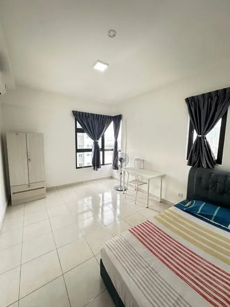 Bedroom features: queen-size bed with striped bedding, upholstered headboard, 2 bedside lamps, study desk with chair, wardrobe with sliding doors, floor-to-ceiling windows, blackout curtains, white painted walls, tile flooring, 1 wall-mounted split AC, ceiling light fixture; style: modern; view: city.