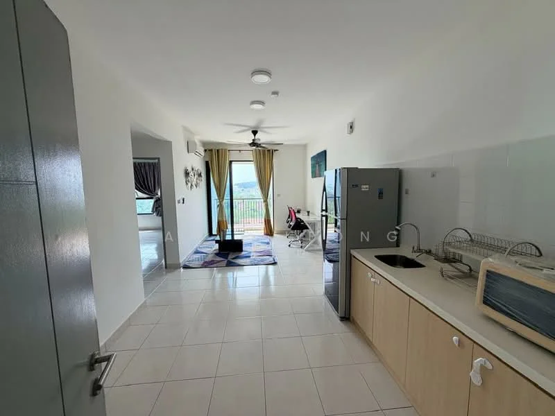 Kitchen features: single-bowl stainless-steel sink, chrome pull-down faucet, laminate countertop, wood cabinetry, built-in oven, stainless-steel fridge, ceramic tile flooring, white painted walls; style: modern; view: city. Living features: 3-seater fabric sofa, area rug with geometric pattern, floor-to-ceiling windows, curtains, ceiling fan with light, wall-mounted TV, dining table, white painted walls; style: modern; view: city.
