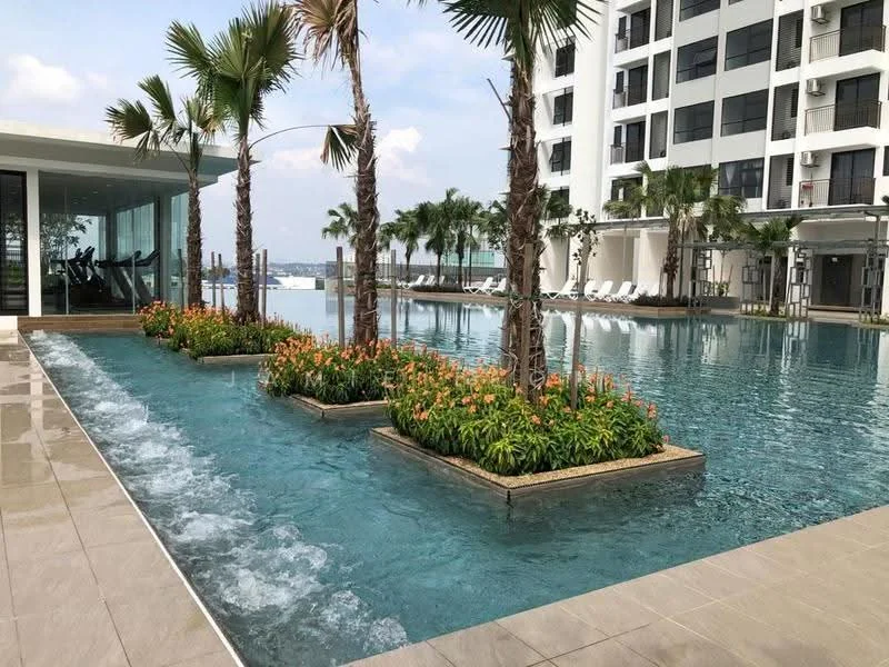 Exterior type: high-rise condominium; features: infinity pool, pool deck with loungers, landscaped garden with palm trees, planters with flowers, glass facade, outdoor gym area, surrounding greenery; style: modern.