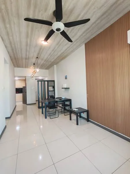 Room features: glossy white tile flooring, wooden accent wall in brown, exposed wood ceiling with beams, 5-blade ceiling fan, dining table with black legs, 4 black chairs, wall-mounted shelf, recessed lighting, open layout, neutral wall color; style: modern.