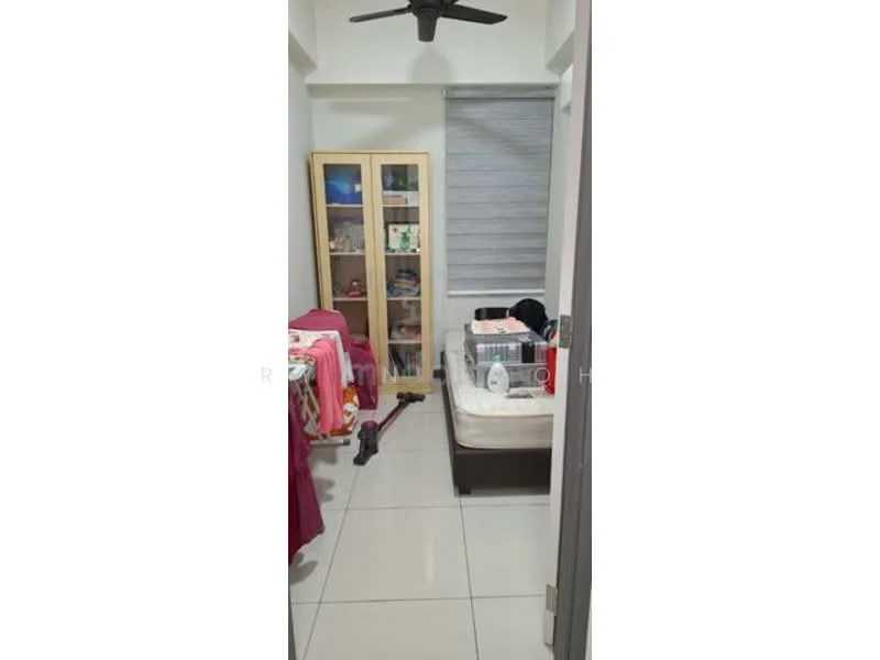 Room features: white painted walls, glossy tile flooring, ceiling fan, window with blinds, built-in wardrobe, bed with bedding, bookshelf with glass doors, vacuum cleaner, decorative items on shelves; style: modern.