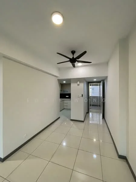 Room features: white painted walls, grey tiled flooring, 5-blade ceiling fan, recessed downlights, open kitchen area visible, doorway leading to hallway, window with natural light, neutral color scheme; style: modern.