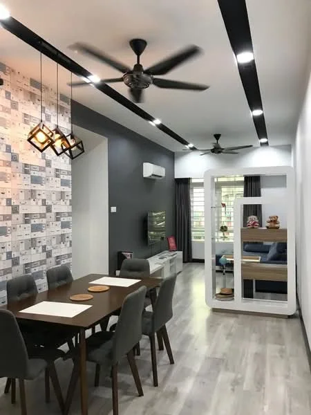 Dining features: 6-seater dining table, grey upholstered dining chairs, pendant lighting with geometric design, wooden tabletop, light grey laminate flooring, decorative wall with patterned wallpaper, recessed LED downlights, 2 ceiling fans, wall-mounted TV, open shelving unit, grey accent wall, curtains on windows; style: modern.