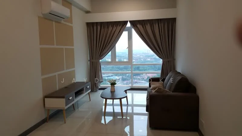 Living features: floor-to-ceiling windows, brown fabric sofa, wooden coffee table, white sideboard with drawers, cream painted walls, glossy tile flooring, curtains with tiebacks, wall-mounted split AC, decorative plant on table; style: modern; view: city.