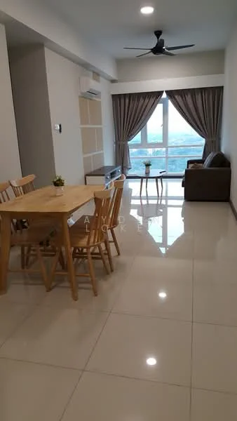 Living features: floor-to-ceiling windows, curtains, 3-seater fabric sofa in brown, wooden dining table with 4 chairs, light-colored wall, polished ceramic tile flooring, ceiling fan, wall-mounted air conditioning unit, decorative plant on table, TV console, area rug; style: modern; view: city.
