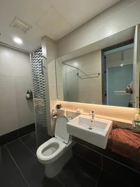 Bathroom features: white wall tiles, grey accent wall, black floor tiles, single-sink vanity with wall-mounted cabinet, chrome basin mixer faucet, framed mirror, walk-in shower with glass enclosure, rain shower head, toilet, towel rack, LED strip lighting; style: modern.
