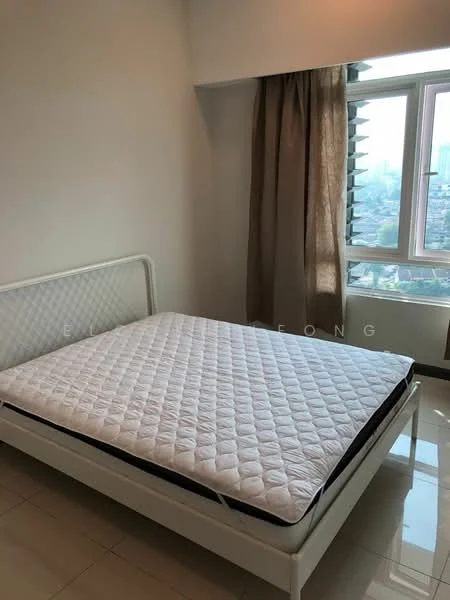 Bedroom features: queen-size bed frame, mattress on bed frame, floor-to-ceiling window, curtains in beige, white painted walls, glossy tile flooring, built-in wardrobe, city view; style: modern; view: city.