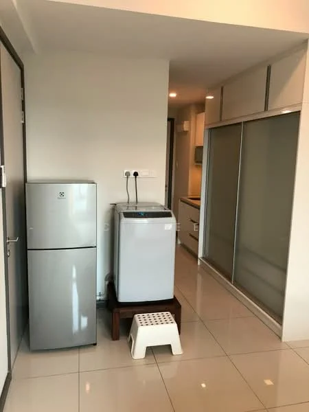 Laundry features: silver fridge, top-load washing machine, white plastic stool, glossy tile flooring, neutral painted walls, recessed lighting, sliding glass door, built-in cabinetry; style: modern.
