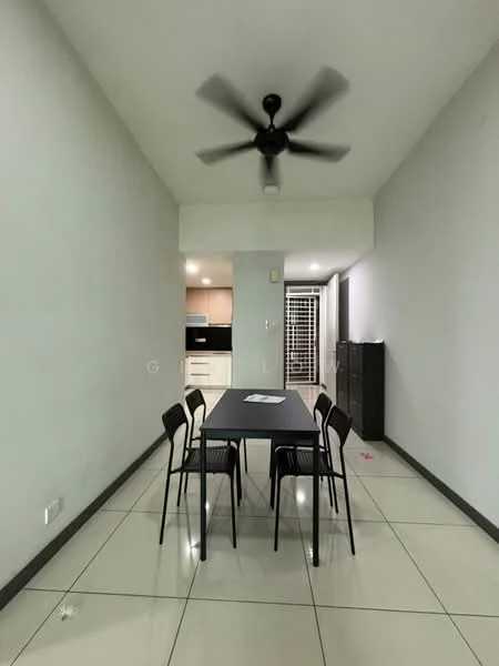 Dining features: 6-seater dining table, black metal dining chairs, ceiling fan with 5 blades, white painted walls, glossy tile flooring, recessed lighting, open layout to kitchen, sliding glass door to hallway; style: modern.
