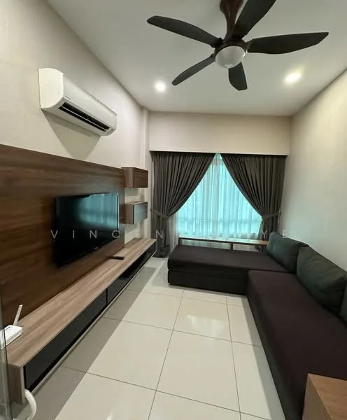 Living features: 5-blade ceiling fan with light, wall-mounted TV, wooden TV console, dark grey sectional sofa, light-coloured accent wall, cream tiled flooring, floor-to-ceiling window, sheer curtains, dark grey curtains, air conditioning unit; style: modern.